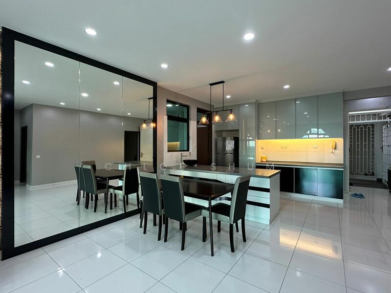 Dining features: 6-seater dining table, upholstered dining chairs in grey, mirrored wall, white tiled flooring, recessed LED downlights, pendant lights above table, kitchen island with countertop, built-in cabinetry with glossy finish, stainless-steel refrigerator, wall-mounted kitchen appliances; style: modern.