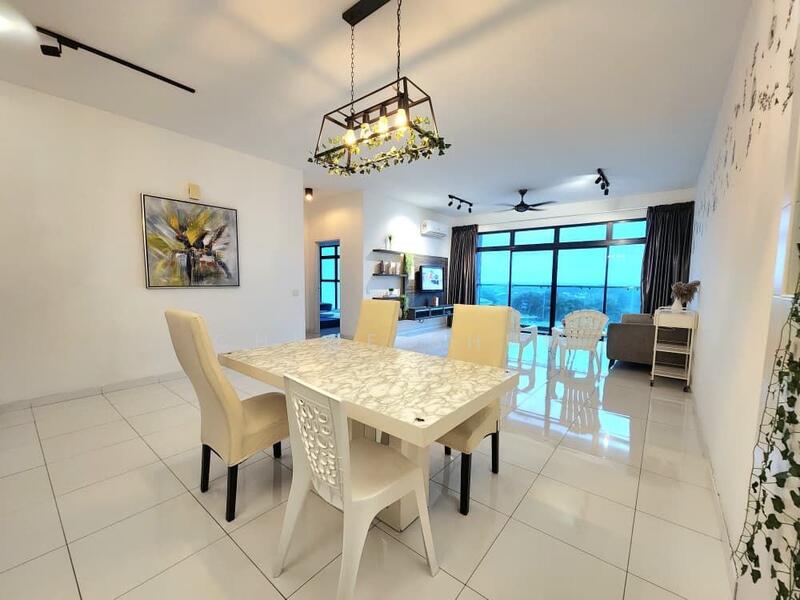 Dining features: marble dining table, 4 upholstered dining chairs, 1 white plastic chair, pendant light fixture, white painted walls, glossy tile flooring, floor-to-ceiling windows, city view, recessed ceiling lights, ceiling fan; style: modern; view: city. Living features: sofa, coffee table, TV console, wall-mounted TV, area rug, white painted walls, glossy tile flooring, floor-to-ceiling windows, curtains; style: modern; view: city.