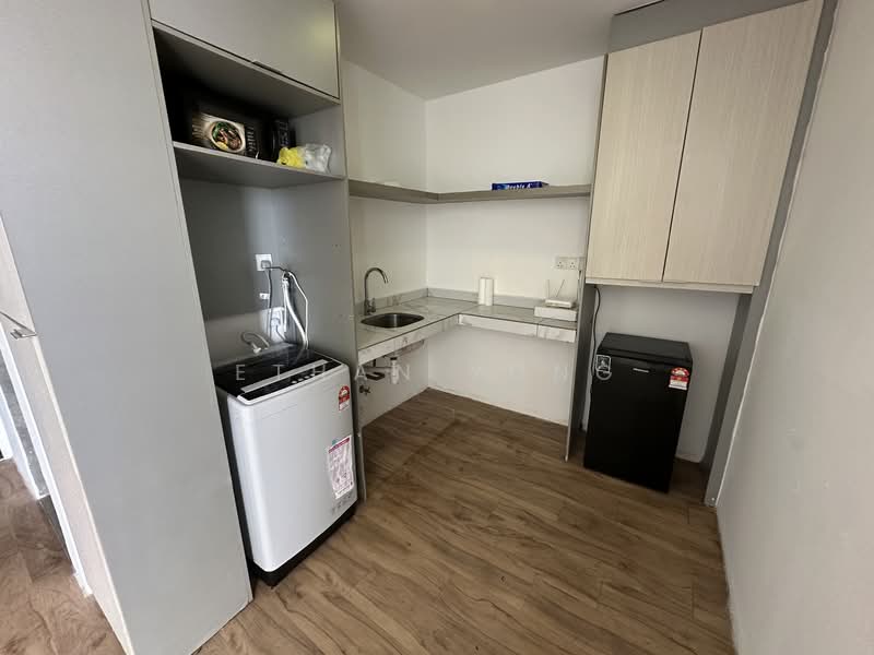 Kitchen features: single-bowl stainless-steel sink, chrome pull-down faucet, white countertop, light wood cabinetry, built-in upper cabinets, white refrigerator, black mini fridge, wood laminate flooring, wall-mounted electrical outlets, open shelving, kitchen appliances visible; style: modern.