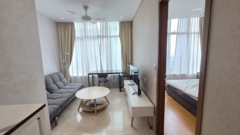 Living features: 3-seater fabric sofa in grey, round coffee table with white top, wall-mounted TV, TV console, floor-to-ceiling windows, sheer curtains, ceiling fan, marble flooring, decorative wall, light-colored walls; style: modern; view: city. Bedroom features: king-size bed, wooden flooring, bedside table, decorative wall, natural light from window; style: modern.