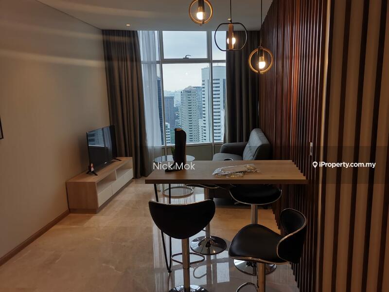 Living features: floor-to-ceiling windows, grey fabric sofa, wood accent wall, marble tile flooring, TV console, wall-mounted TV, 3-blade ceiling fan, pendant lighting, round dining table, black bar stools, decorative wall paneling, sheer curtains; style: modern; view: city.