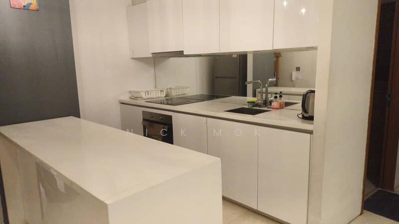 Kitchen features: white cabinetry, marble countertop, stainless-steel sink, chrome pull-down faucet, built-in oven, stainless-steel kettle, dish rack, glass backsplash, recessed downlights, open shelving, tile flooring; style: modern.