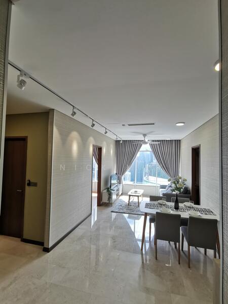 Living features: marble tile flooring, white painted walls, recessed downlights, floor-to-ceiling windows, sheer curtains, sofa, dining table with chairs, decorative vase, area rug, TV console, wall-mounted TV; style: modern; view: city.