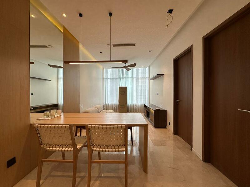 Dining features: wooden dining table, 4 dining chairs with woven seats, light wood cabinetry, floor-to-ceiling windows, sheer curtains, marble flooring, recessed downlights, wall-mounted TV console, decorative wall mirror, ceiling fan with light; style: modern.
