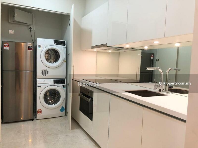 Kitchen features: white cabinetry, stainless-steel fridge, stacked washer and dryer, built-in oven, 4-burner gas hob, single-bowl stainless-steel sink, chrome pull-down faucet, white countertop, recessed downlights, marble tile flooring, wall-mounted split AC; style: modern.