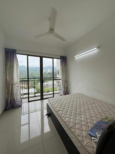 Bedroom features: queen-size bed, white painted walls, sliding glass door, floor-to-ceiling windows, curtains with floral pattern, ceiling fan, tile flooring, LED strip lighting; style: modern; view: mountain.
