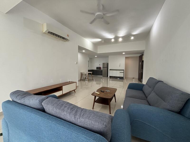 Living features: 2-seater fabric sofa in blue, 3-seater fabric sofa in grey, coffee table, wall-mounted TV, recessed LED downlights, ceiling fan, wall-mounted split AC, glossy tile flooring, white painted walls, open layout to kitchen, decorative wall art; style: modern.