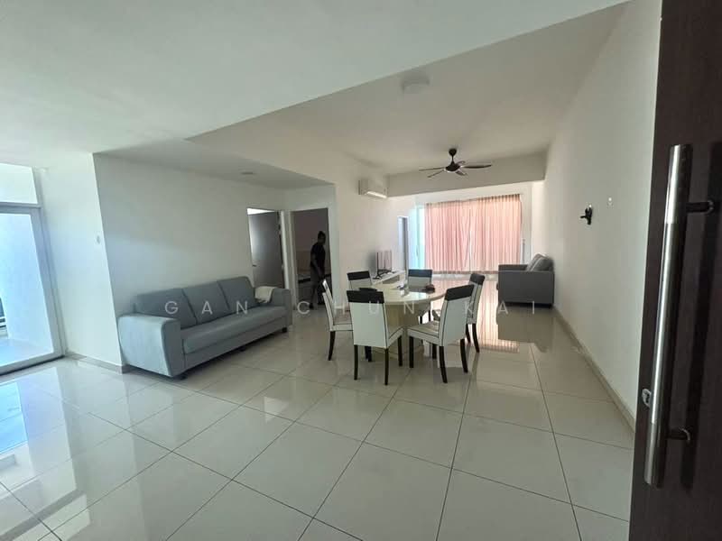 Living features: large grey fabric sofa, 4-seater dining table, white ceramic tile flooring, ceiling fan, wall-mounted TV, floor-to-ceiling windows, sheer curtains, recessed downlights, light-colored walls, open layout; style: modern.