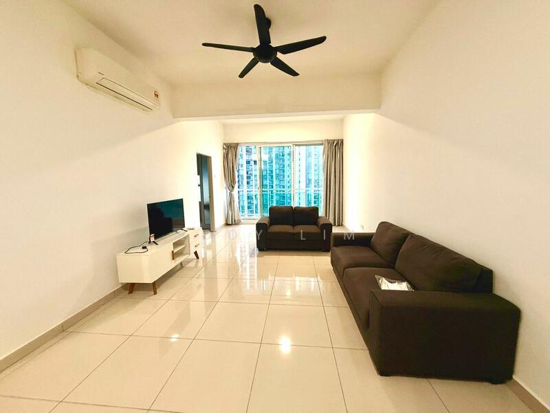 Living features: 2-seater fabric sofa in brown, 3-seater fabric sofa in brown, white TV console, wall-mounted TV, ceiling fan with 5 blades, large floor-to-ceiling windows, curtains, glossy tile flooring, air conditioning unit on wall; style: modern; view: city.
