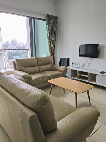Living features: 2-seater leather sofa in beige, 3-seater leather sofa in beige, coffee table, wall-mounted TV, TV console, floor-to-ceiling windows, curtains with floral pattern, white painted walls, glossy tile flooring, city skyline view; style: modern; view: city.