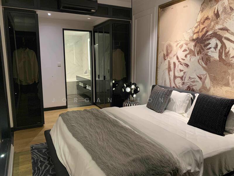 Bedroom features: king-size bed with white bedding, upholstered headboard, decorative throw blanket, two bedside lamps, black built-in wardrobe with sliding doors, wooden flooring, framed artwork with tiger design, recessed downlights, floor-to-ceiling windows, black accent wall, wall-mounted mirror; style: modern. Room features: white walls, doorway leading to bathroom.