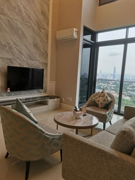 Living features: floor-to-ceiling windows, wall-mounted TV, light grey fabric sofa, 2 accent chairs with patterned upholstery, round coffee table, marble feature wall, air conditioning unit, neutral wall colour, polished tile flooring; style: modern; view: city.