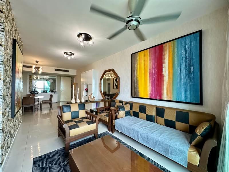Living features: 3-seater fabric sofa in grey, 2-seater leather sofa in black and beige checkered pattern, wooden coffee table, decorative area rug with geometric pattern, wall-mounted artwork with colorful stripes, exposed stone accent wall, ceiling fan with light, recessed downlights, large mirror, floor-to-ceiling windows with sheer curtains; style: modern.