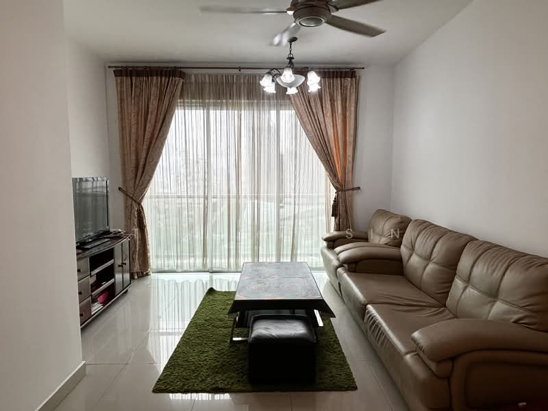 Living features: 3-seater leather sofa in beige, coffee table, TV console, wall-mounted TV, area rug in green, floor-to-ceiling windows, sheer curtains, ceiling fan with light, chandelier, polished tile flooring, decorative wall, natural light from windows; style: modern; view: city.