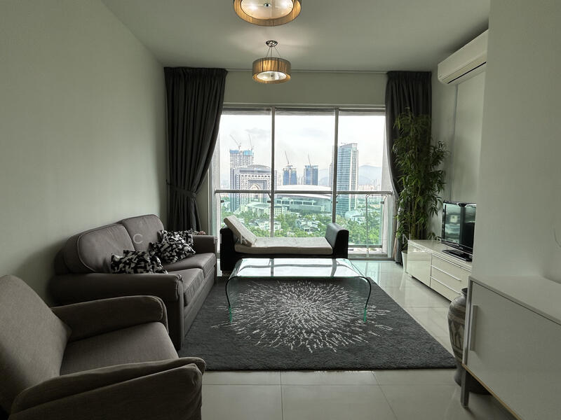 Living features: grey fabric 3-seater sofa, beige fabric 2-seater sofa, glass coffee table, area rug with geometric pattern, floor-to-ceiling windows, curtains in dark grey, wall-mounted TV, white TV console, air conditioning unit, city skyline view; style: modern; view: city.