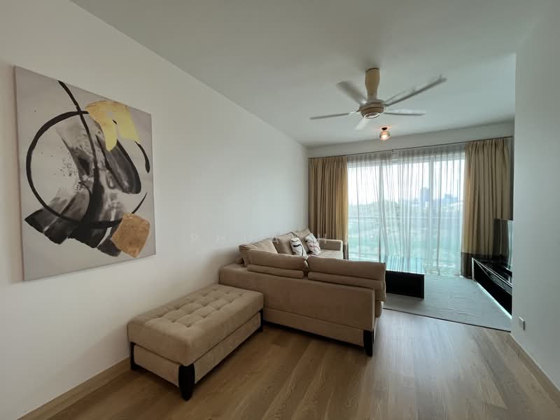 Living features: beige L-shape sectional sofa, cream area rug, wall-mounted TV, coffee table, 5-blade ceiling fan with light, floor-to-ceiling windows, sheer curtains, framed abstract artwork on wall, light wood flooring, recessed downlights; style: modern; view: city.