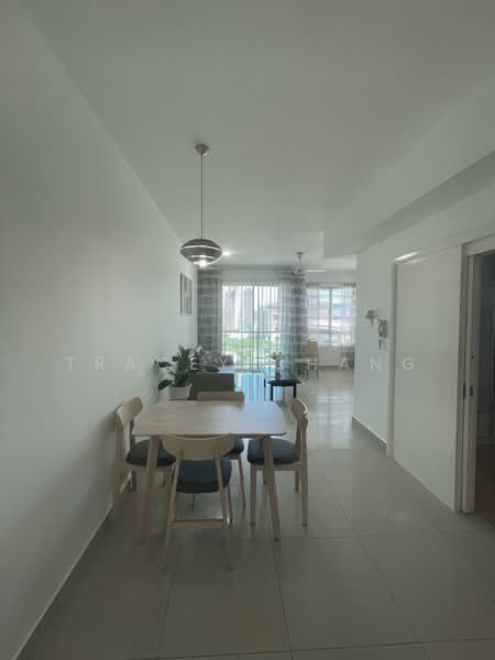 Dining features: dining table with four chairs, pendant light fixture, white painted walls, large windows with sheer curtains, tile flooring, indirect lighting, decorative wall art, potted plant, open layout to living area; style: modern; view: garden.