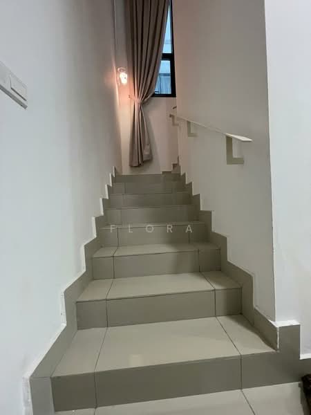 Room features: white painted walls, grey tiled flooring, staircase with tiled steps, curtains in neutral color, wall-mounted light fixture; style: modern.