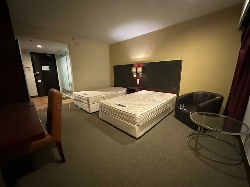 Room features: two twin beds with mattresses, wooden flooring, cream painted walls, dark accent wall behind beds, two bedside lamps, glass-top side table, black leather armchair, desk with chair, door leading to hallway, large window with curtains; style: modern.
