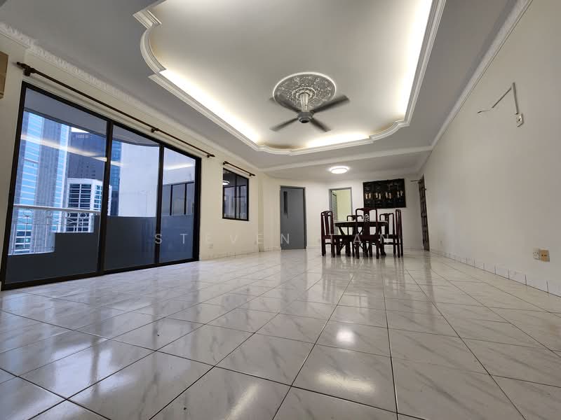 Living features: marble tile flooring, white painted walls, tray ceiling with recessed lighting, 5-blade ceiling fan with light, floor-to-ceiling windows, dining table with six chairs, wall-mounted cabinet, open layout; style: modern; view: city.