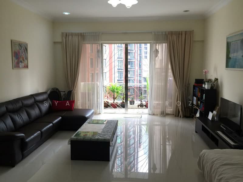Living features: black leather sectional sofa, glass coffee table, TV console, wall-mounted TV, floor-to-ceiling sliding glass door, sheer curtains, marble tile flooring, recessed ceiling lights, decorative artwork on walls, potted plants visible outside; style: modern; view: city.