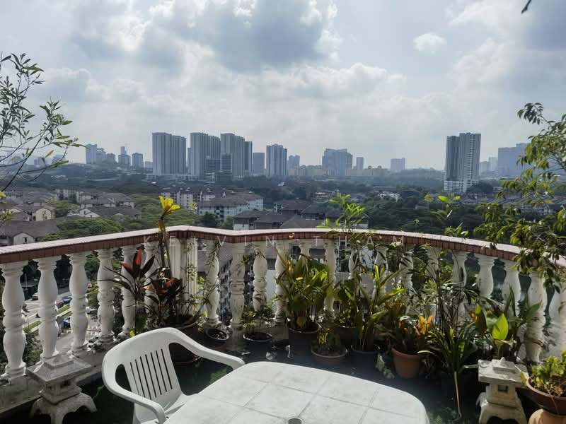 Room features: outdoor terrace, white railing, potted plants, table, plastic chair, city skyline view, cloudy sky, urban landscape; view: city.