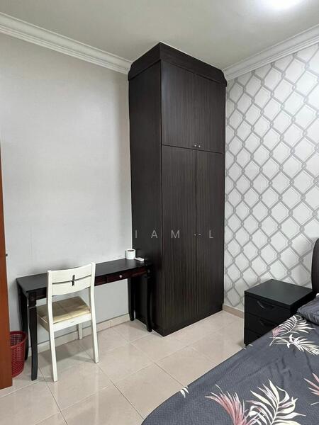 Bedroom features: white painted walls, grey patterned accent wall, tile flooring, built-in wardrobe in dark wood, study desk with chair, nightstand in dark wood, bed with floral bedding; style: modern.