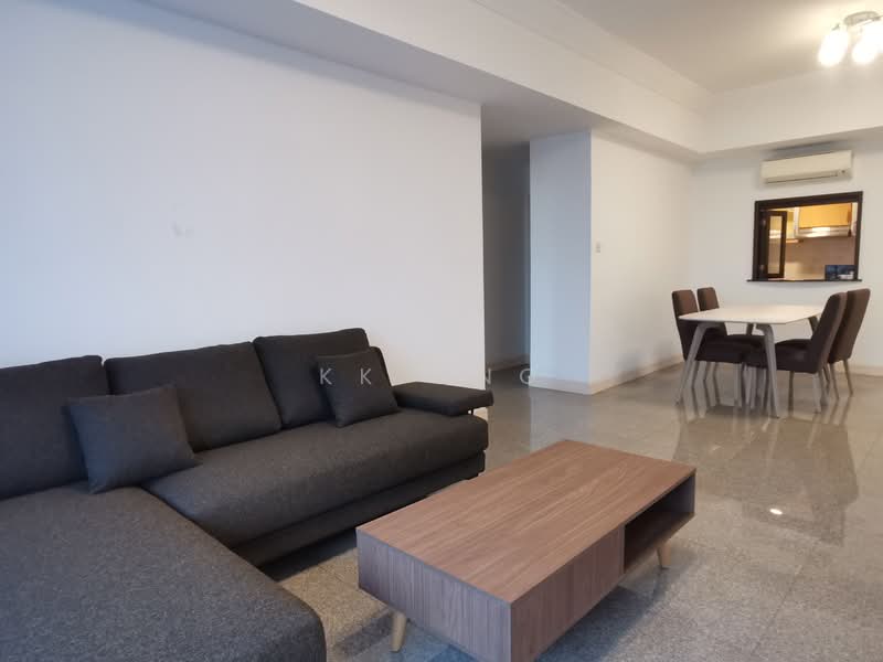 Living features: L-shape sectional sofa in dark grey, coffee table with wooden surface, marble tile flooring, white painted walls, recessed downlights, floor-to-ceiling windows, dining table with four chairs, air conditioning unit on wall; style: modern.