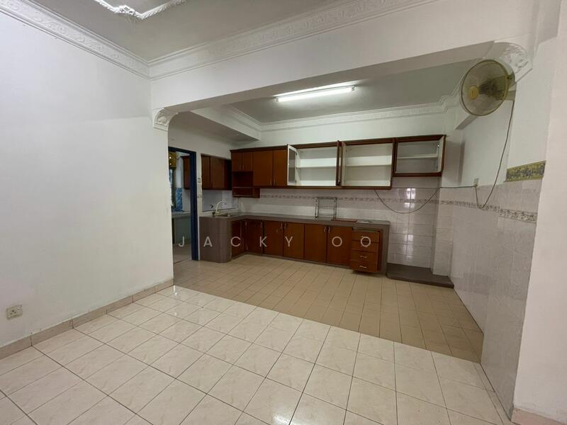 Kitchen features: white painted walls, cream tiled flooring, ceiling with crown moulding, wood cabinetry, countertop with backsplash, stainless-steel sink, single-bowl sink, wall-mounted fan, open shelving, built-in cabinets, tile cladding on walls; style: modern.