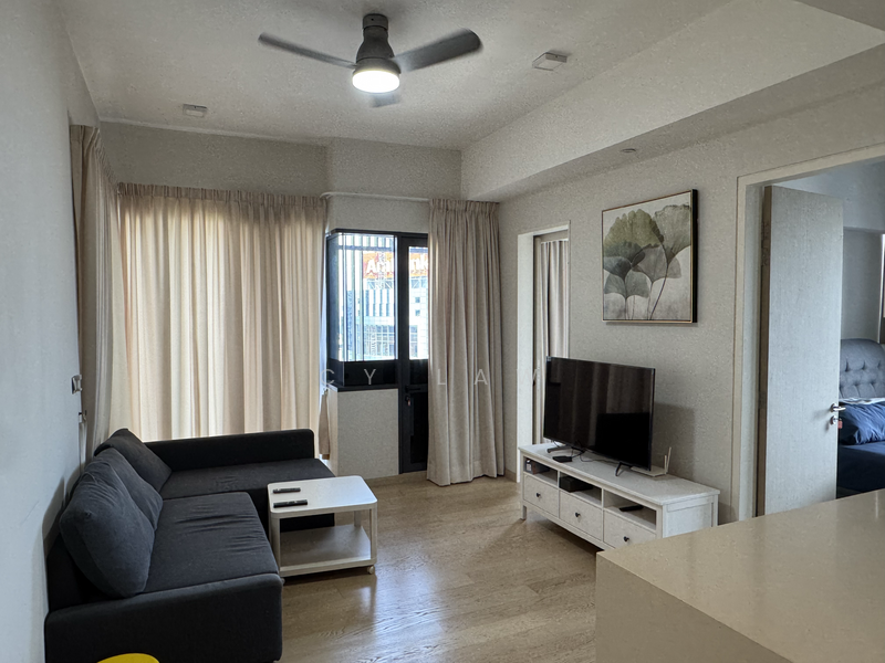 Living features: 3-seater fabric sofa in grey, white coffee table, TV console, wall-mounted TV, floor-to-ceiling windows, sheer curtains, light wood flooring, ceiling fan with light, decorative artwork on wall, open layout, neutral wall colour; style: modern; view: city.