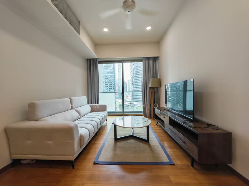 Living features: 3-seater fabric sofa in white, coffee table with glass top, TV console in dark wood, wall-mounted TV, floor-to-ceiling windows, curtains, ceiling fan, wooden flooring, area rug with geometric pattern, lamp, decorative wall art; style: modern; view: city.