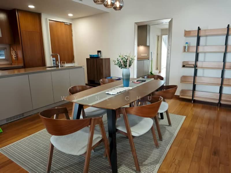 Dining features: 6-seater dining table, wooden dining chairs with upholstered seats, area rug with geometric pattern, pendant light fixture, wooden shelving unit, open kitchen layout, wood cabinetry, stainless-steel sink, countertop with bar seating, light wood flooring, decorative vase with flowers; style: modern. Kitchen features: wood cabinetry, stainless-steel sink, built-in appliances, countertop with bar seating; style: modern.