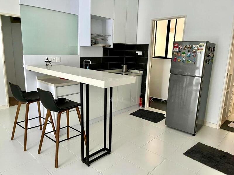 Kitchen features: white cabinetry, black tiled backsplash, white countertop, stainless-steel fridge, bar stools with wooden legs, open shelving, built-in sink, kitchen island, ceramic tile flooring, window with black frame, wall-mounted kitchen rack; style: modern.