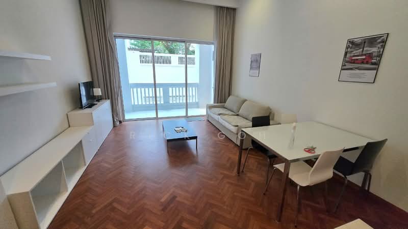 Living features: light wood herringbone flooring, white painted walls, large sliding glass door, floor-to-ceiling windows, cream fabric sofa, coffee table, TV console, wall-mounted TV, dining table with four chairs, decorative wall art; style: modern; view: garden.