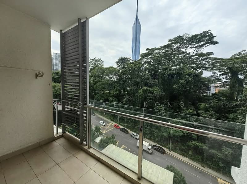 Room features: glass balcony railing, tiled flooring, sliding glass door, metal louvered window, view of greenery, view of street; view: garden.