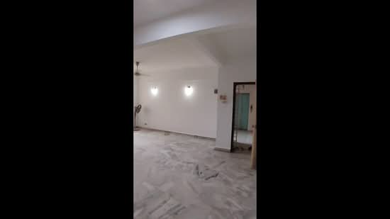 Room features: white painted walls, marble flooring, ceiling fan, recessed LED downlights, wall sconce lighting, open layout, large windows, doorway leading to another room; style: modern.