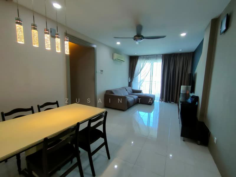 Living features: 3-seater fabric sofa in grey, coffee table, wall-mounted TV, ceiling fan, recessed downlights, floor-to-ceiling windows, sheer curtains, sliding glass door, white painted walls, glossy tile flooring; style: modern; view: city. Dining features: 6-seater dining table, black wooden chairs, pendant lighting, white painted walls, glossy tile flooring; style: modern.