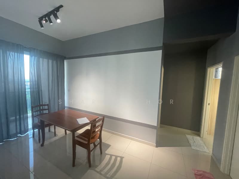 Dining features: dining table with four wooden chairs, grey painted walls, white accent wall, floor-to-ceiling windows with sheer curtains, tile flooring, recessed downlights, doorway leading to hallway; style: modern; view: city.