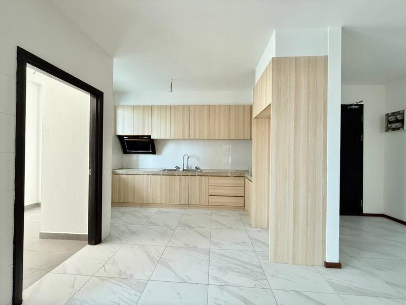 Kitchen features: light wood cabinetry, granite countertop, stainless-steel sink, chrome pull-down faucet, built-in oven, ceramic tile flooring, white walls, recessed downlights; style: modern. Room features: white walls, marble tile flooring, doorway leading to another room.
