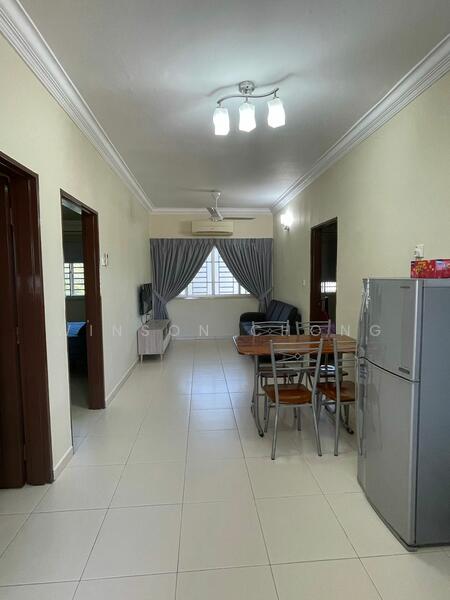 Living features: white painted walls, ceramic tile flooring, 5-blade ceiling fan with light, recessed downlights, dining table with chairs, stainless-steel fridge, sofa, TV console, curtains, wall-mounted TV; style: modern.