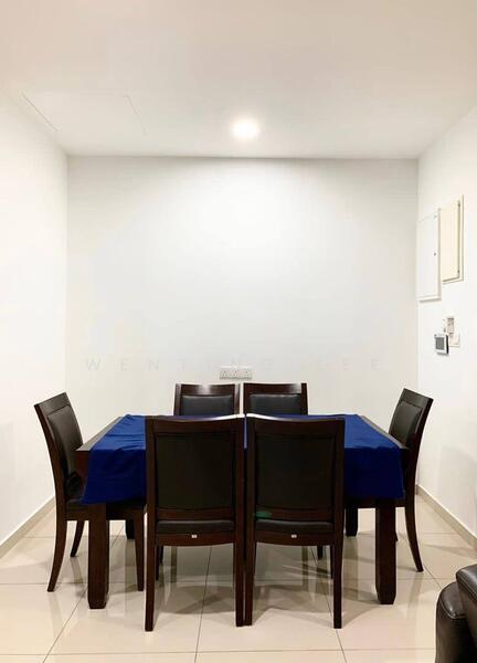 Dining features: 6-seater dining table, dark wood dining chairs, blue tablecloth, white painted walls, tile flooring, recessed ceiling lights, wall-mounted electrical outlets, minimalist decor; style: modern.