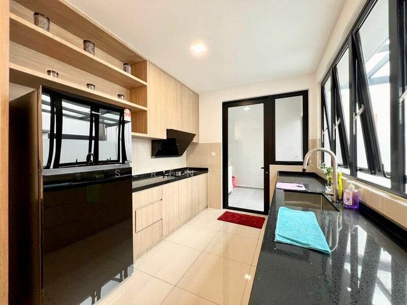 Kitchen features: black granite countertop, wood cabinetry with light finish, built-in oven, gas hob, stainless-steel sink, chrome pull-down faucet, open shelving, tile backsplash, floor-to-ceiling windows, white walls, recessed downlights, sliding glass door; style: modern.