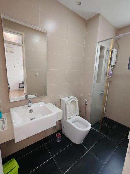 Bathroom features: single-sink vanity with wall-mounted basin, chrome basin mixer faucet, one-piece toilet, walk-in shower with glass enclosure, shower head, tile cladding on walls, black tile flooring, mirror above sink, towel rail; style: modern.