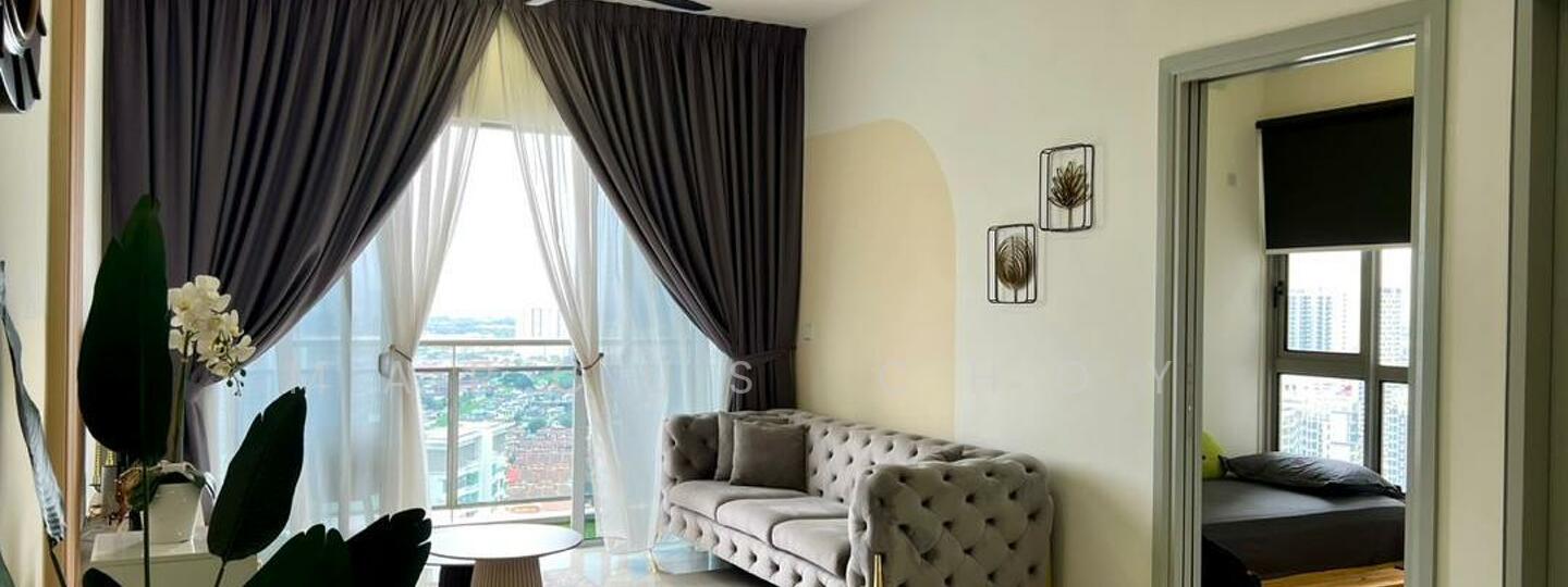 Living features: 3-seater tufted fabric sofa in light grey, round coffee table, floor-to-ceiling windows, sheer curtains, blackout curtains, ceiling fan, decorative wall art, potted houseplant, wooden flooring, city view; style: modern; view: city. Room features: bed with dark bedding, doorway leading to another room.