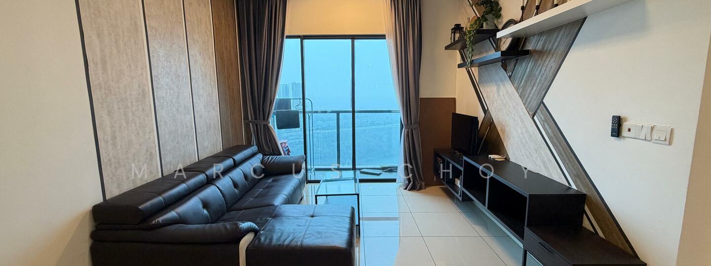Living features: black leather sectional sofa, floor-to-ceiling windows, grey curtains, white tiled flooring, wall-mounted TV, black TV console, decorative shelving unit, wood panel accent wall; style: modern; view: city.