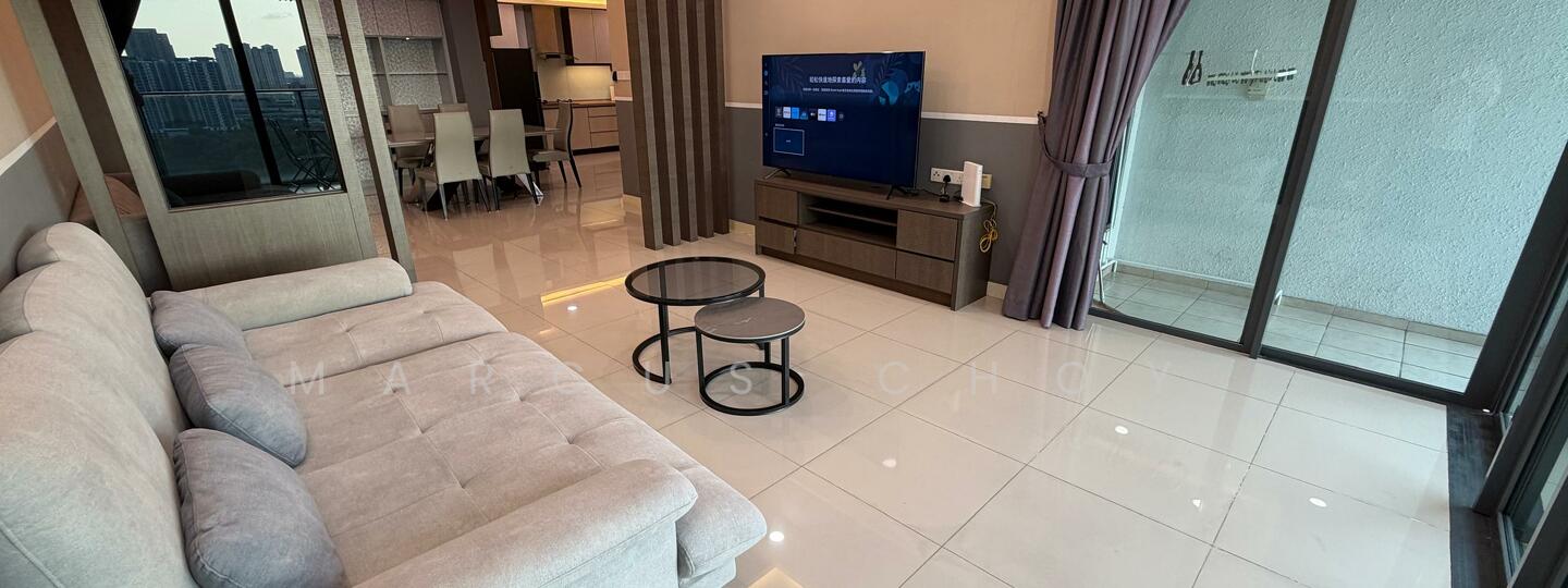 Living features: 3-seater fabric sofa in grey, round coffee table with black metal frame, wall-mounted TV, TV console in dark wood, floor-to-ceiling windows, sliding glass door, curtains in grey, glossy white tile flooring, recessed downlights, decorative wall paneling, open layout to kitchen, city view from window; style: modern; view: city.