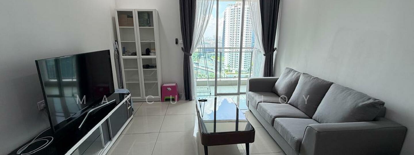 Living features: grey fabric sofa, glass coffee table, wall-mounted TV, TV console, floor-to-ceiling windows, curtains, ceramic tile flooring, white painted walls; style: modern; view: city.