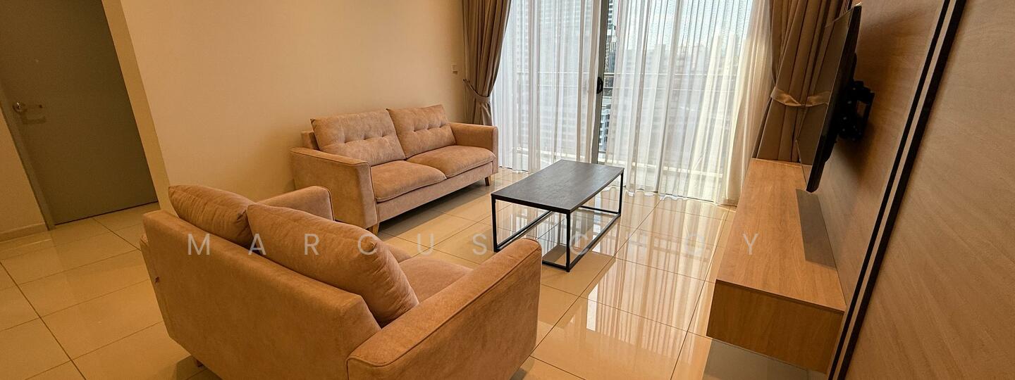Living features: beige fabric 3-seater sofa, beige fabric 2-seater sofa, black coffee table, wall-mounted TV, light-colored wooden TV console, floor-to-ceiling windows, sheer curtains, glossy tile flooring, neutral wall color, decorative wall paneling; style: modern.