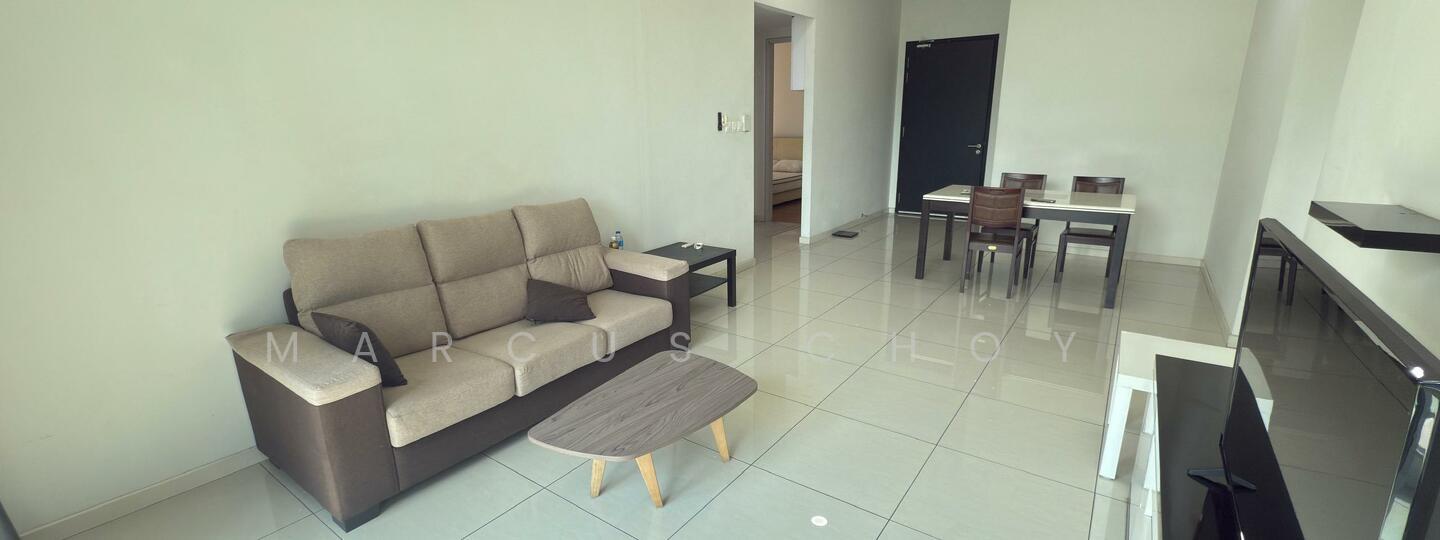 Living features: 3-seater fabric sofa in beige, coffee table with grey top, flat-screen TV on black console, dining table with 4 chairs, white painted walls, glossy tile flooring, recessed downlights, floor-to-ceiling windows, neutral color palette; style: modern.