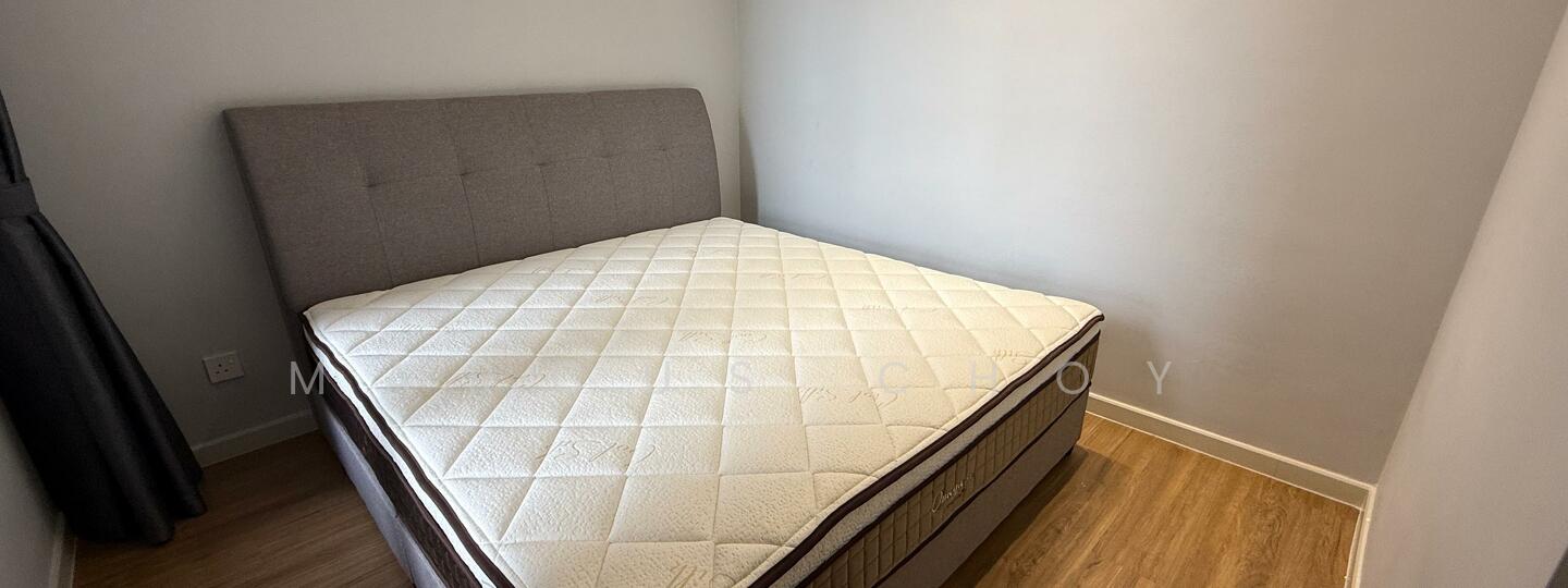 Bedroom features: queen-size bed, upholstered headboard in grey, light grey painted walls, wooden flooring, window with dark curtains; style: modern.